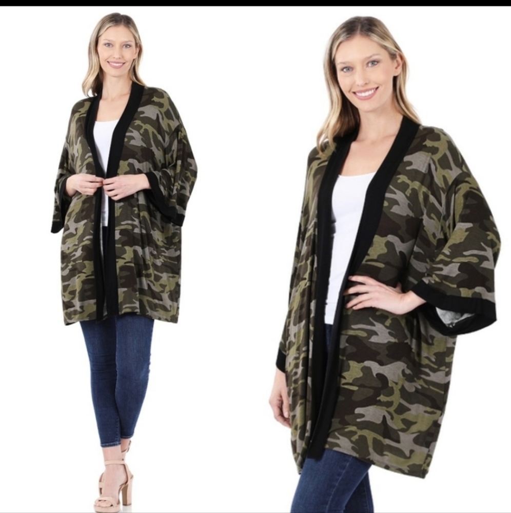 Camouflage Print Open Front Kimono Cardigan Army Gree